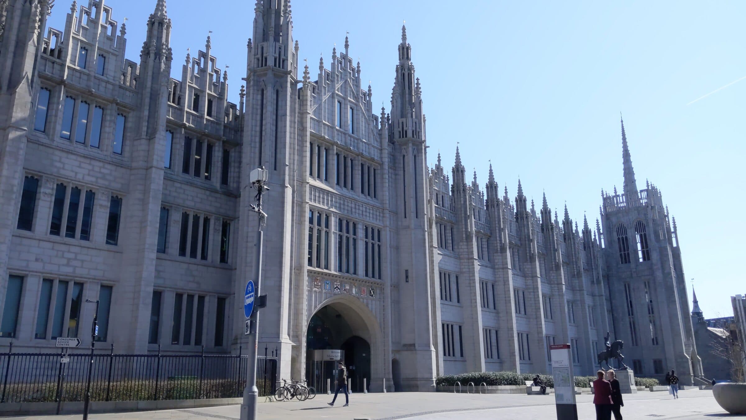 The granite frontage and spires of Marischal College in Aberdeen.
